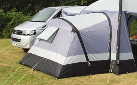 Adjustable height side tunnel to suit a wide range of vehicles Full-clip in groundsheet Roll up front panel Window blinds with easy store pockets Large rear door for access to camper through tunnel
