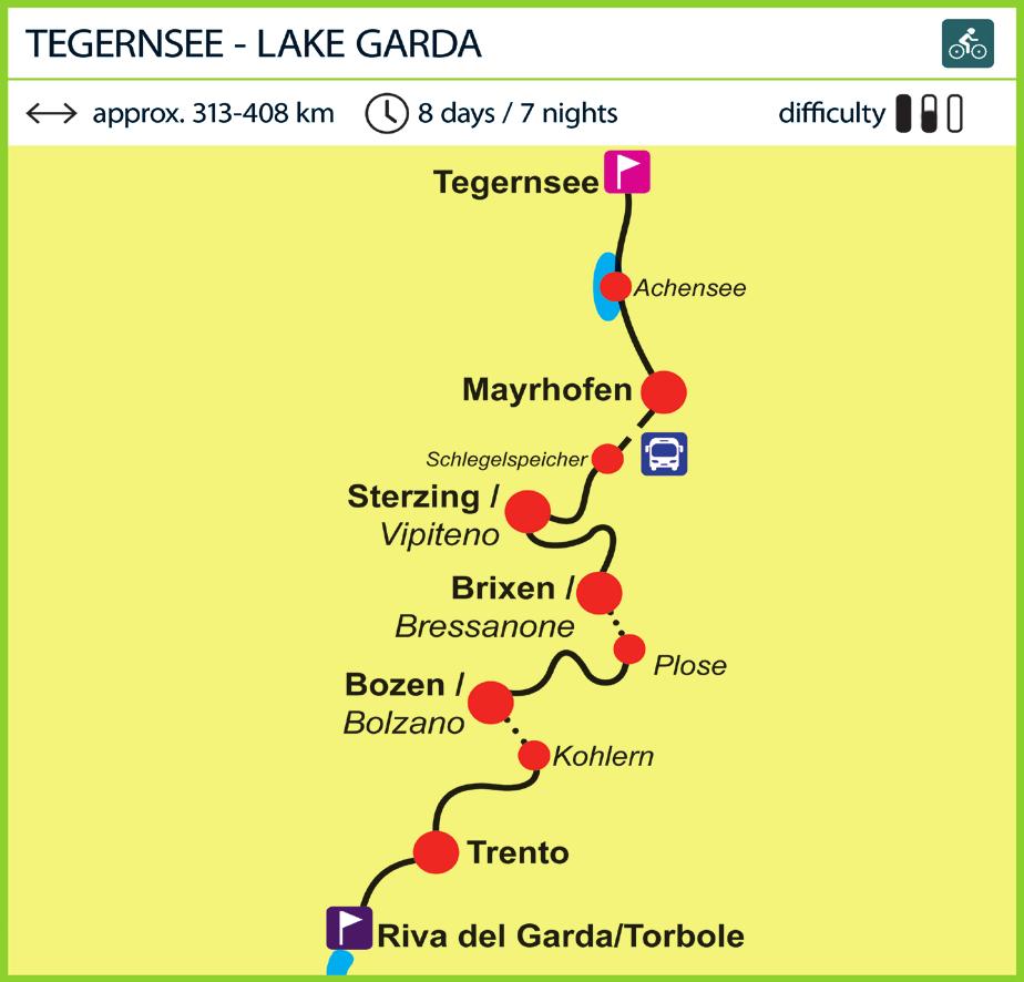 Characteristics of the route The route from Tegernsee over the Zillertal to Lake Garda leads along easy
