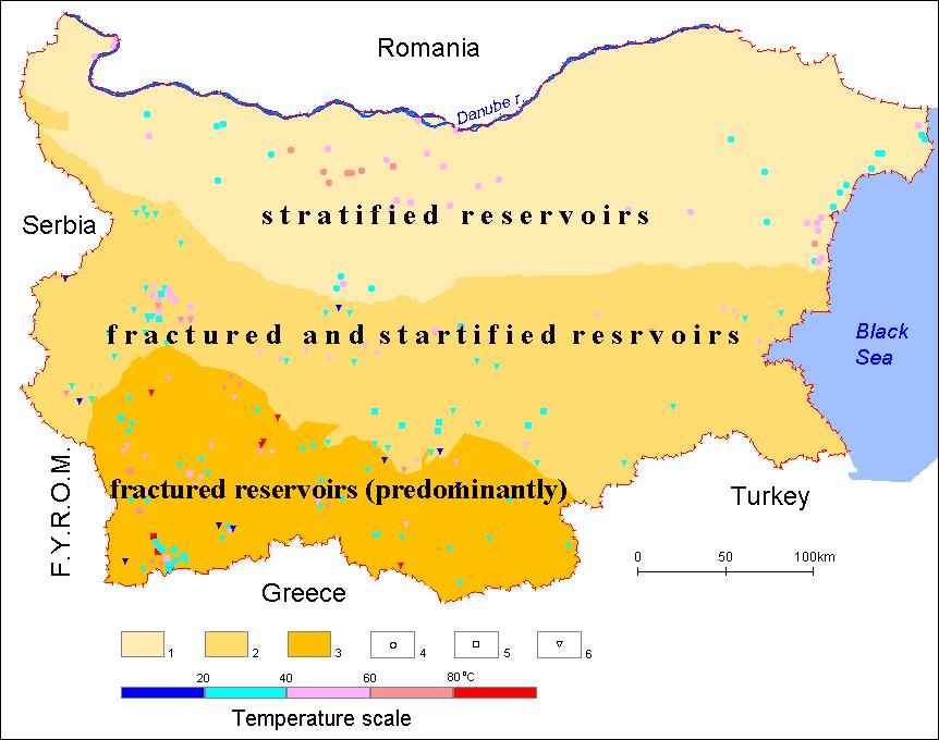 1. Moesian plate (stratified reservoirs) 2. Sredna gora, incl.balkan zone (secondary stratified reservoirs, fractured reservoirs) 3. Rila-Rhodopes massif (predominantly fractured reservoirs) 4.