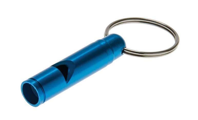 Lightweight, durable aluminum construction. BULLET WHISTLE 60 decibel, compact safety whistle easily attaches to keychains.