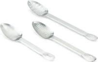 SPOONS & DISHERS HEAVY DUTY BASTING SPOONS Stainless steel Deep grooved handle for strength Patented handle with unique turned-down design for unrivaled strength