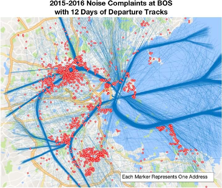 Noise Complaints at BOS: One Dot per Address Each dot