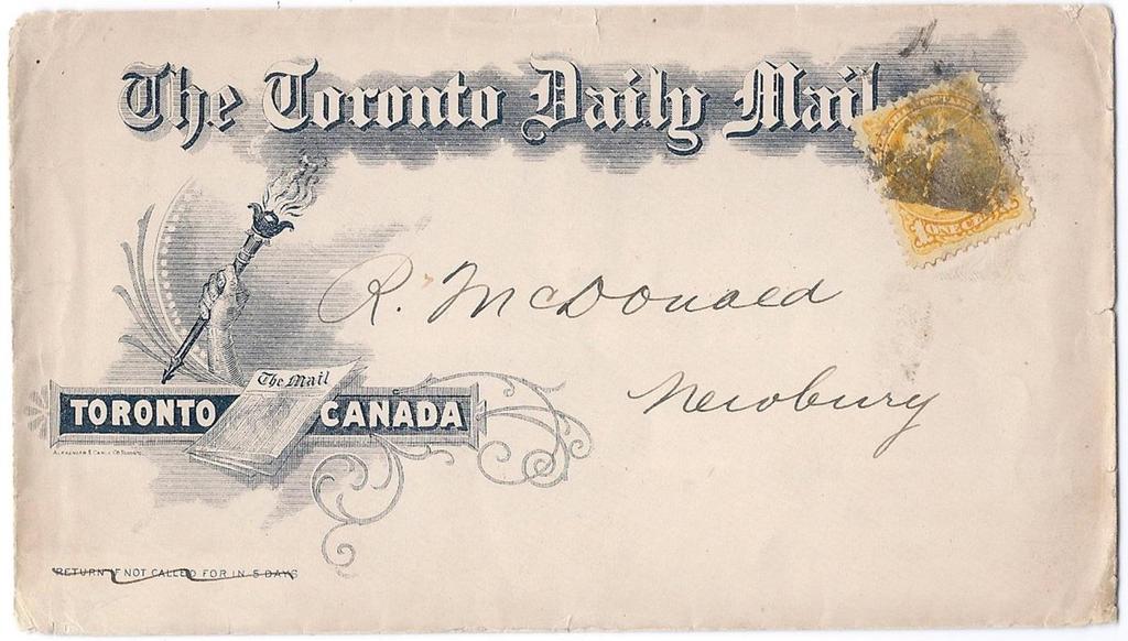 $125.00 Item 244-03 Toronto Daily Mail 1896, 1 SQ tied by smudge cancel on Toronto Daily