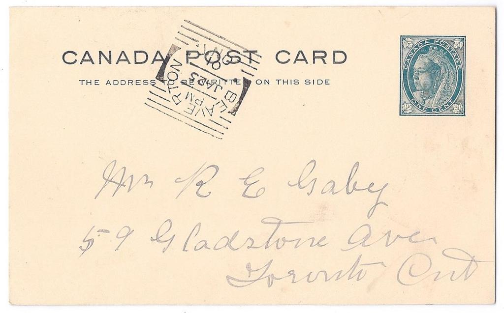 Item 244-09 Beaverton Ont squared circle 1901, 1 stationery postcard