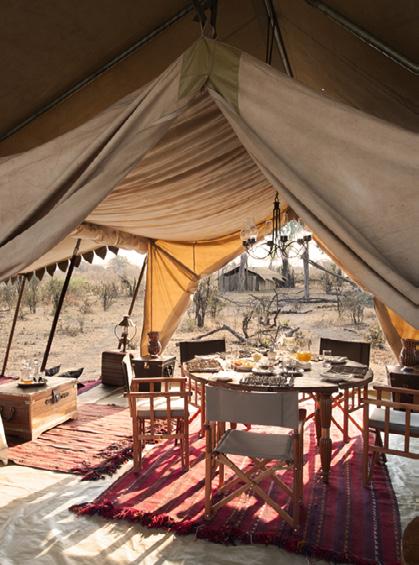 This authentic tented camp draws on traditions of the classic East African safari with beautifully detailed campaign style furniture made from recycled hard woods, and soft furnishings from Zanzibar