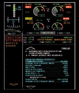 engine parameters Flight controls position indication (Trim, Flaps) Crew Alerting Panel Emergency,