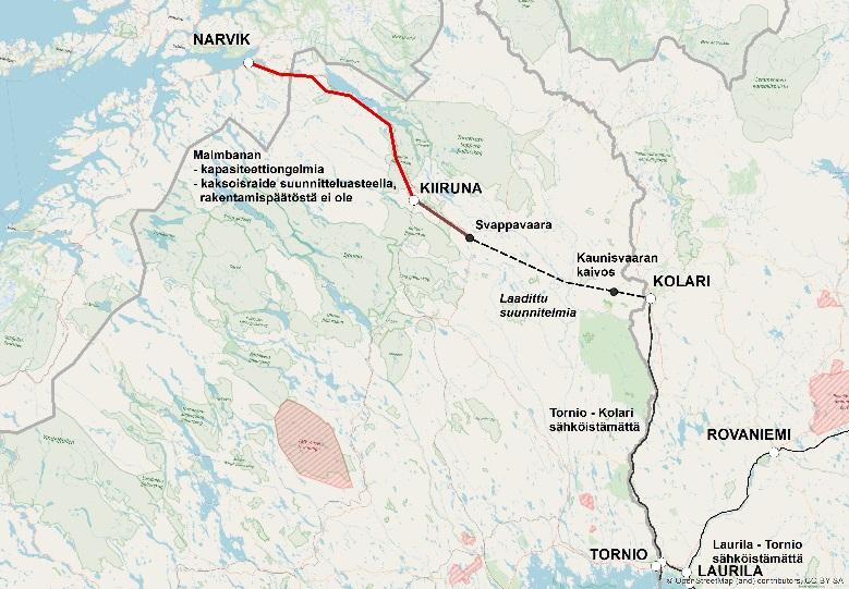 The first, Alternative 1A, crosses the border from Finland to Sweden at Tornio/Haparanda and continues on to Kiruna and a connection with the Iron Ore Line and the Ofoten Line to Narvik via