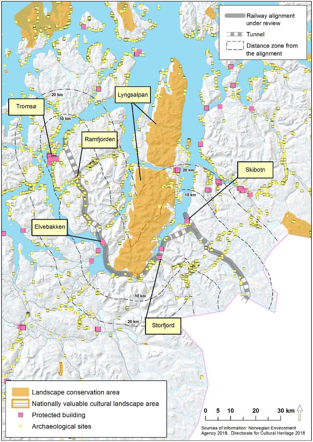 Figure 9: Map showing important areas for landscape and cultural heritage in the corridor Kolari-Skibotn-Tromsø The corridor interferes with the southern outer area of the Lyngsalpan landscape