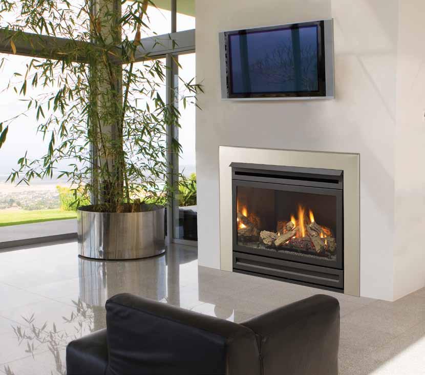 Panorama P36 gas log fire Above: P36 shown with optional premium flush front, slim fascia and reflective panels (shown without mandatory dress guard).