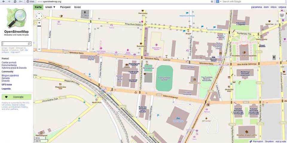 Slika 4. Prikaz OpenStreetMap karte na stranici http://www.openstreetmap.org/ Na slici 4. je vidljiva glavna OpenStreetMap karta.