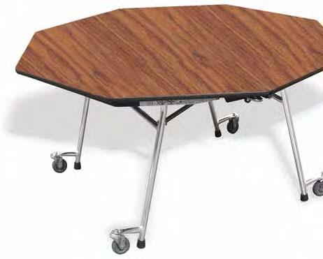 Non-marring neoprene wheels automatically lift off the floor when in use ensuring proper leg contact with the floor. Closing the table returns the weight to the wheels for ease of moving and storage.