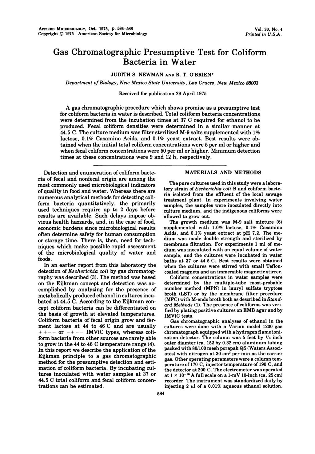 AmPID MICROBIOLOGY, Oct. 1975, P. 584-588 Copyright X) 1975 American Society for Microbiology Vol. 30, No. 4 Printed in U.SA.