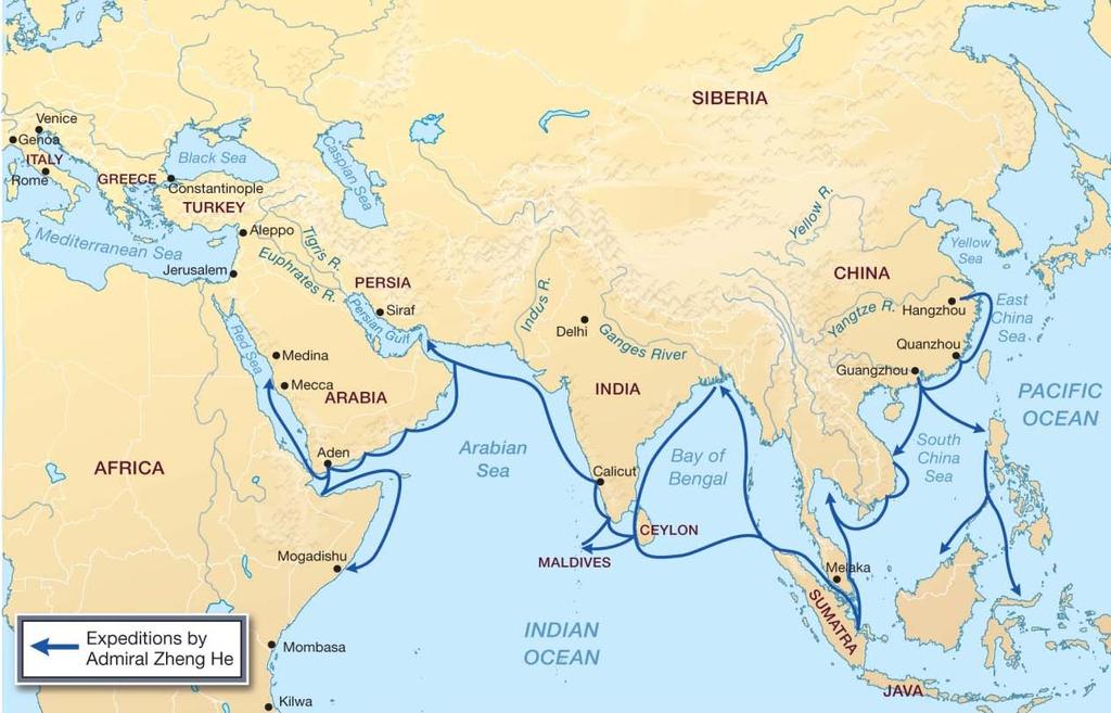 The Voyages of Zheng He Zheng He sailed the Pacific and Indian oceans seven times from 1405 to 1430 CE, establishing diplomatic relations and trade ties while spreading Chinese culture.