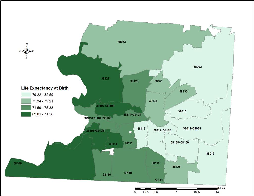 LIFE EXPECTANCY IN SHELBY COUNTY 2015 Map by Office of Epidemiology and