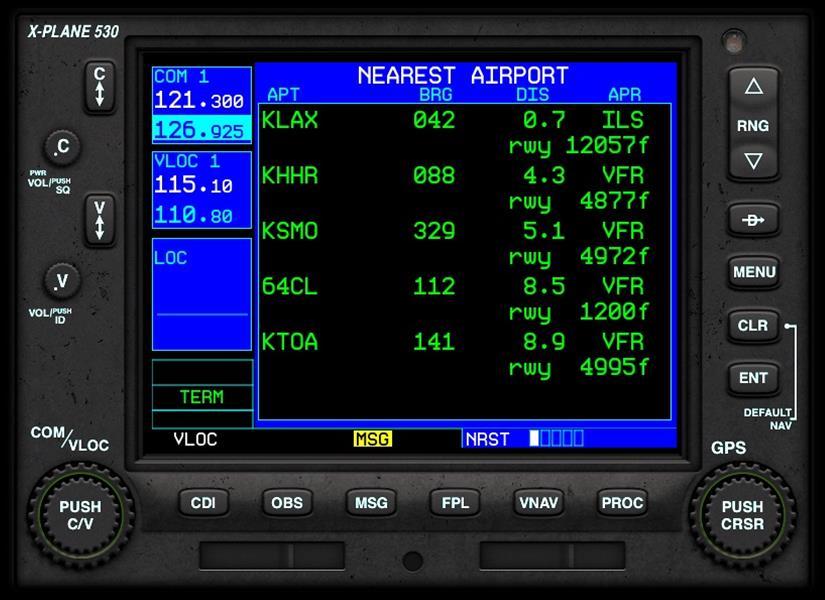 Nearest Airport Page This Page displays the nearest airport to your current location, together with the direct heading (bearing) to that airport, the distance, the available approach-type (or VFR)