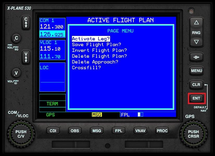 Activating a Leg Use the Activate Leg menu option to resume navigation at a specific leg (waypoint to waypoint) within your flight plan, bypassing previous legs.