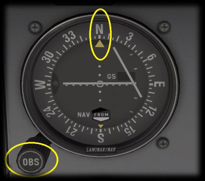 Using the OBS Rotary associated with the VOR/ILS Receiver on the instrument panel: Select the desired bearing, which, in this example, is 360 degrees Click the OBS Button to place the X530 in OBS