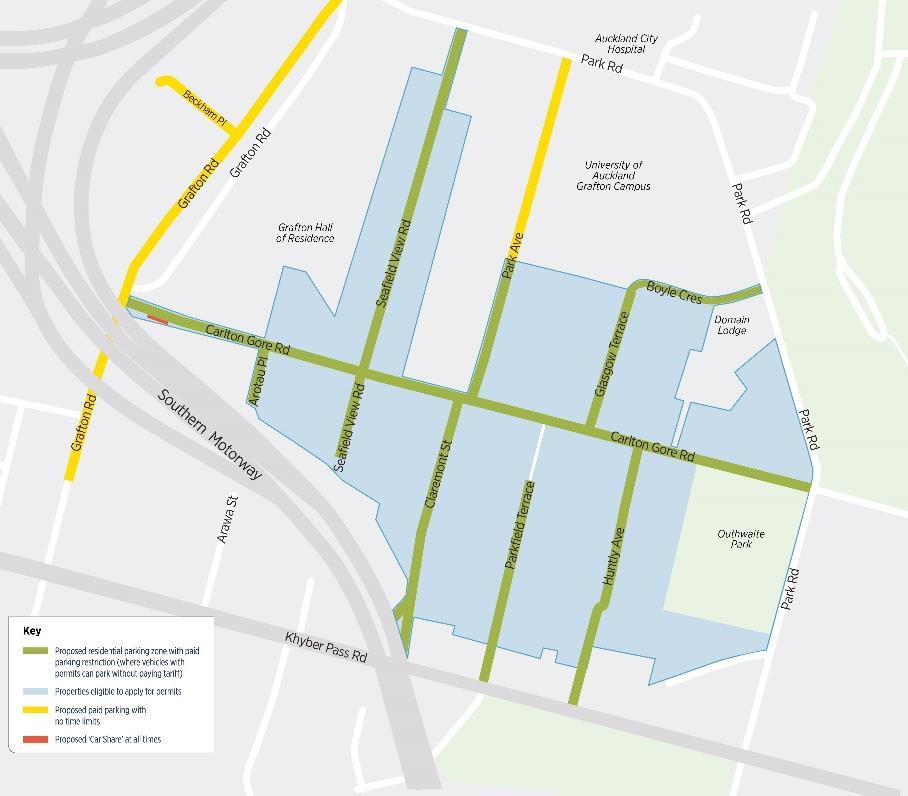 Grafton Residential Parking Zone (RPZ) AT proposes introducing Paid Parking in Grafton that will operate between 8am and 6pm, Monday to Friday. Some of the streets in the zone would form a RPZ.