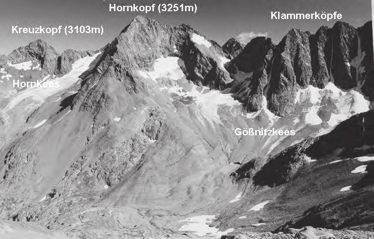 Slika 9: Terestrična fotografija ledenikov Gössnitzkees in Hornkees iz leta 1863, posneta s stojišča v bližini Velikega Kleka (Grossglockner) v
