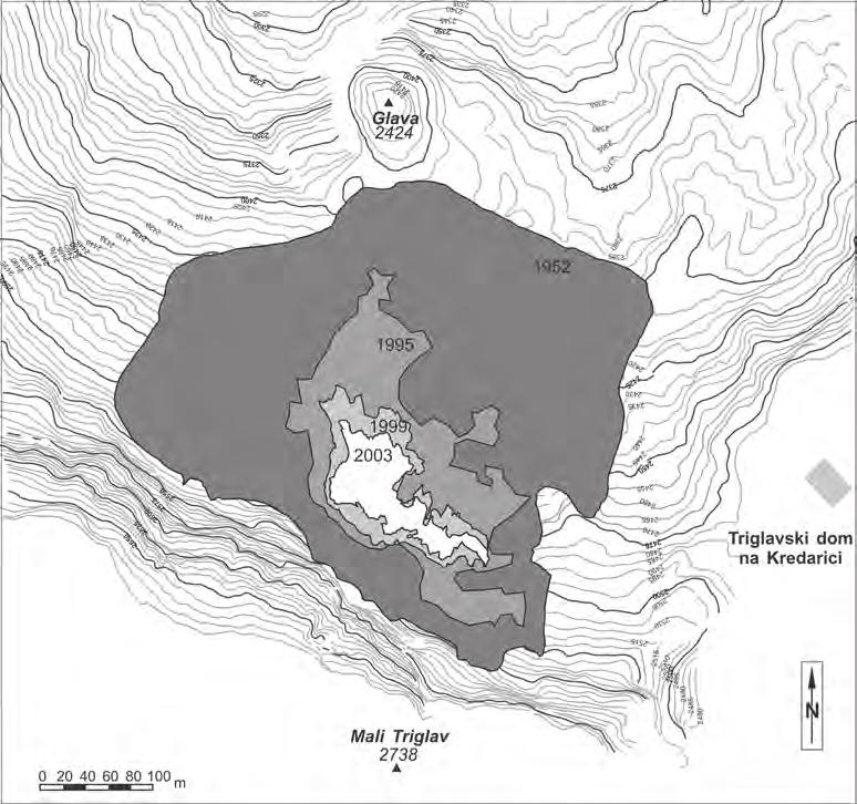 ledenika leta 2005. Rezultat zajema so 3D-obodi ledenika, ki so podlaga za izračun njegove površine in prostornine (Triglav Čekada et al., 2011; Triglav Čekada in Gabrovec, 2012).