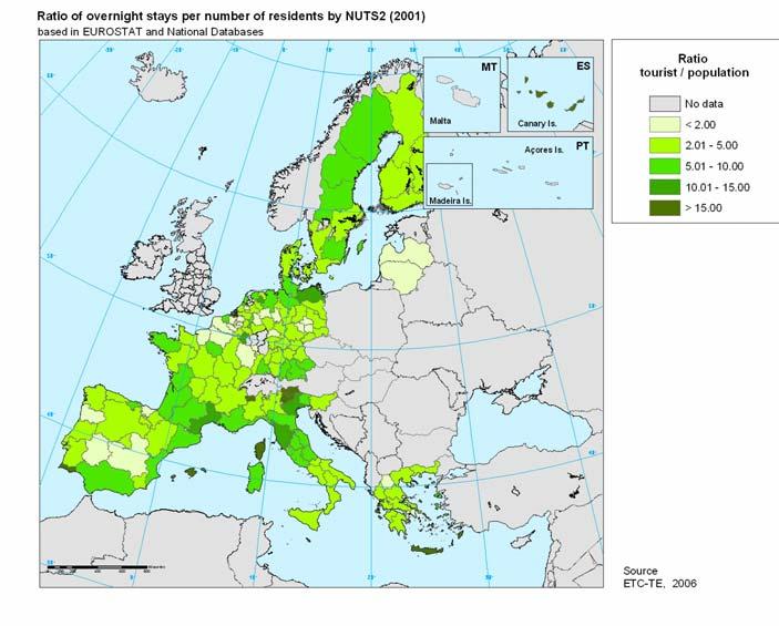 Results and assessment What does the indicator show from European to local level? At European level, the coastal areas present the highest share of tourists in relation to the population.