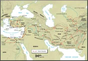 Route of Alexander the Great s Campaigns Easternmost Extent The route taken by Alexander the Great in his conquest of the Persian Empire, 334 323 b.c.e. Starting from the Macedonian capital at Pella, he traveled to Bactria where he marries the Bactrian princess Roxanne.