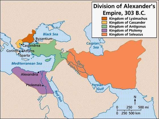 Ptolemy I Egypt Selevcus I Mesopotamia Antigonus I Asia Minor and Macedon Greece begins to see incursions from the