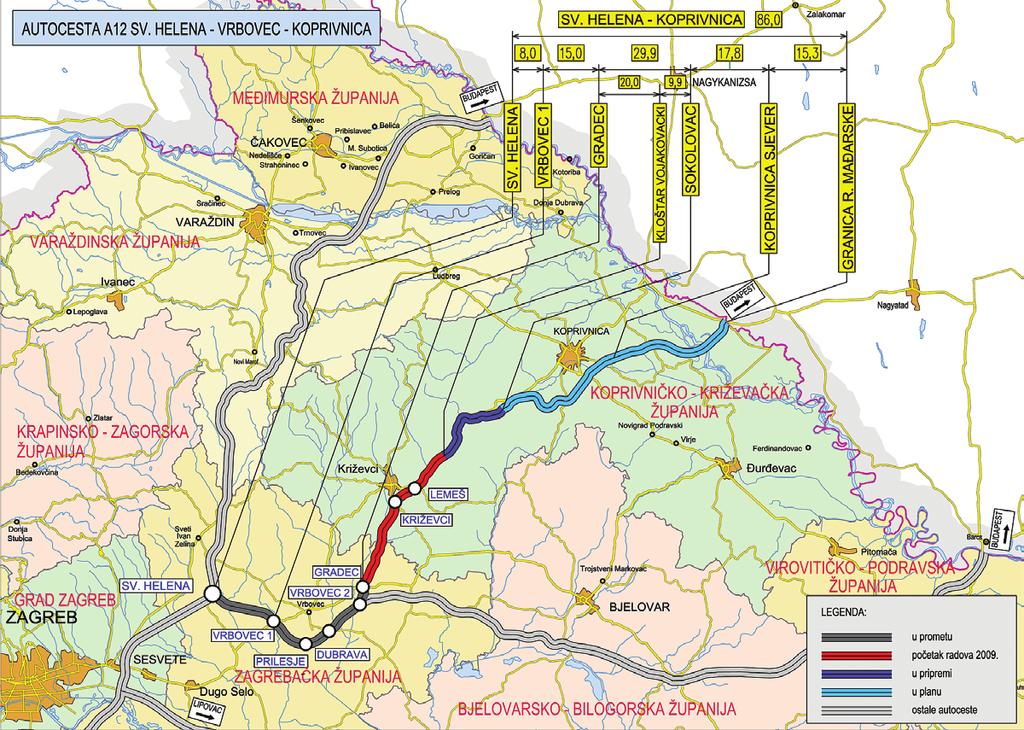 Hrvatske autoceste d.o.o. Podravina Upsilon A12 Vrbovec Interchange 2 (A12) Bjelovar Virovitica Terezino Polje (86.5 km) A12: Sv.