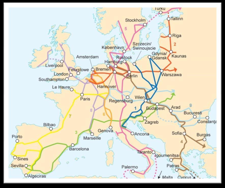 Figure 53: Map of TEN-T Corridors Source: (SEETO, 2013) These countries are included in this Pan-European corridor development scheme with the following corridors: Baltic-Adriatic Corridor (route no.