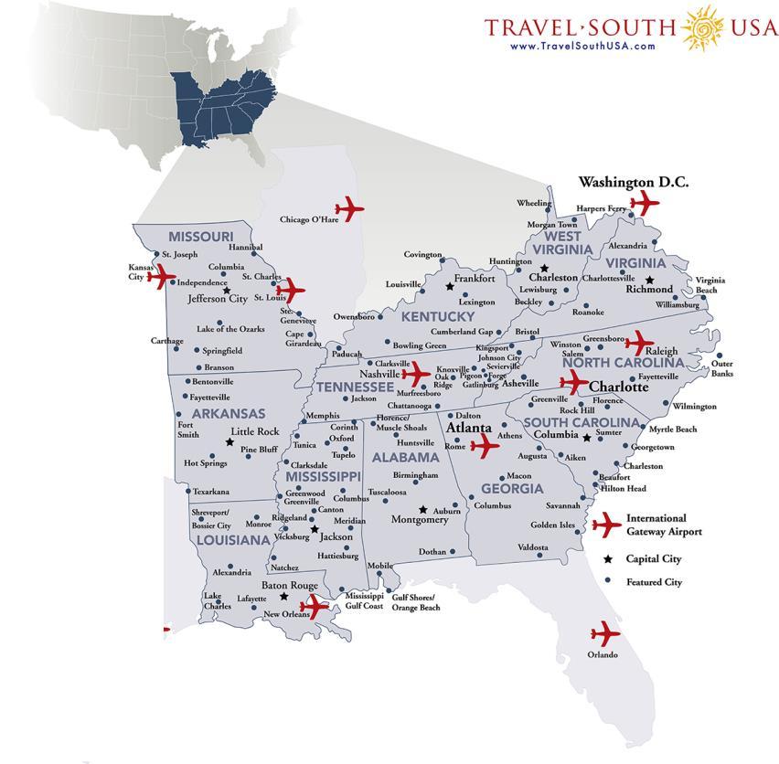Travel South USA region 33 million visitors on group tours 21.