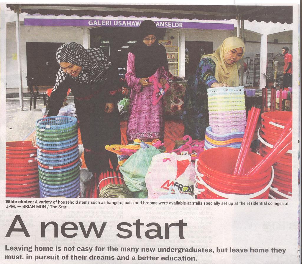Wide choice: A variety of household items such as hangers, pails and brooms were available at stalls specially set up at the residential colleges at UPM.
