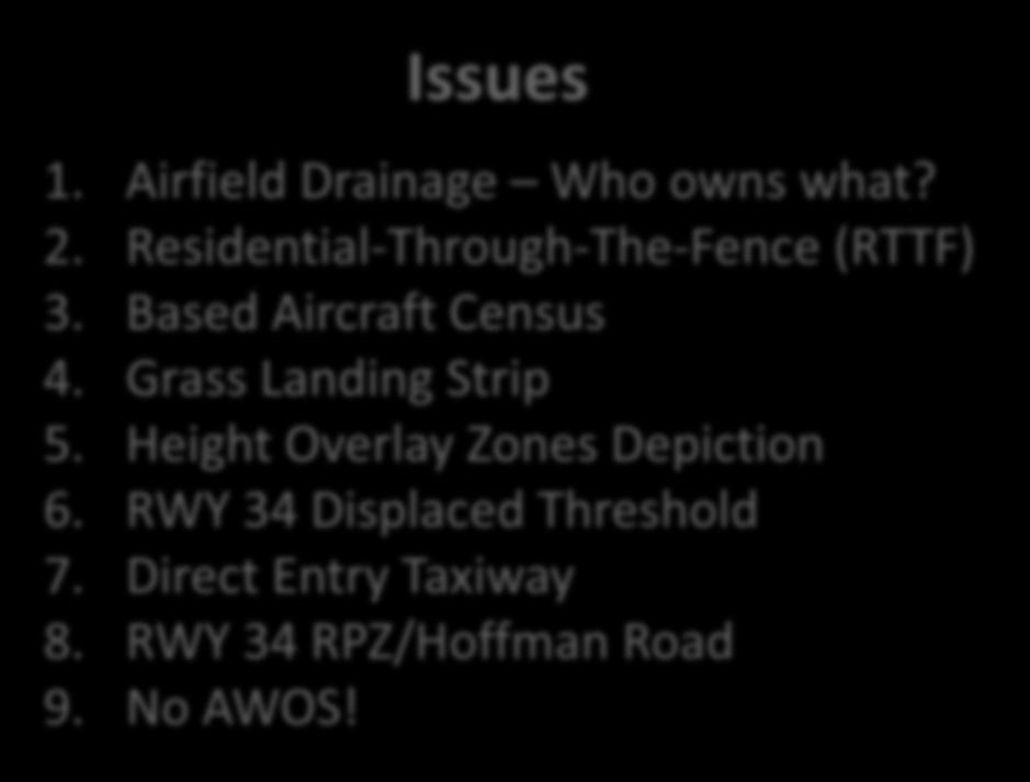 Issues and Opportunities Issues 1. Airfield Drainage Who owns what? 2. Residential-Through-The-Fence (RTTF) 3.