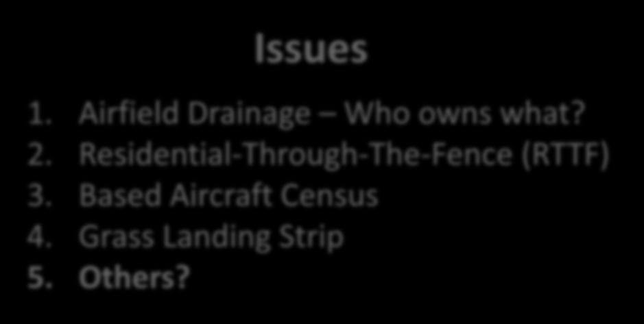 Issues and Opportunities Issues 1. Airfield Drainage Who owns what? 2. Residential-Through-The-Fence (RTTF) 3. Based Aircraft Census 4. Grass Landing Strip 5.