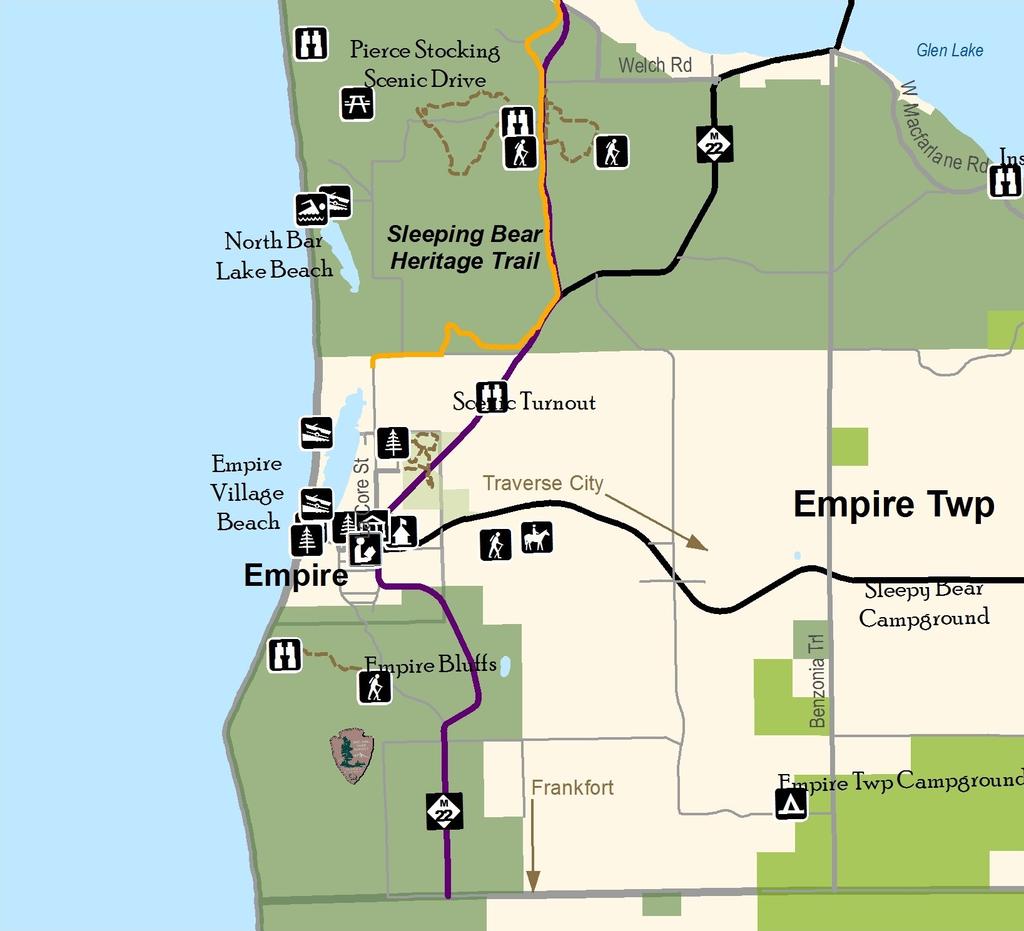 It jogs off of M-22 at M-109 through the Sleeping Bear Dunes National Lakeshore, then back to M-22 through Empire to the Benzie County line.