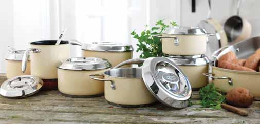 AGA COLOURED STAINLESS STEEL An exclusive range of AGA Coloured Stainless Steel cookware. Each pan has a silicone exterior in cream or black that will withstand temperatures up to 400 C.