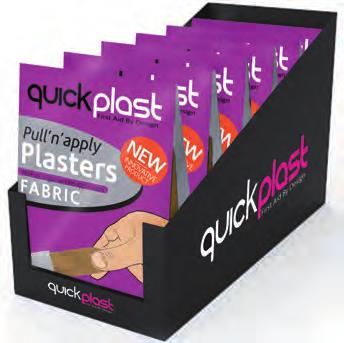 QUICKPLAST PLASTERS + PLASTERS & TAPES + QUICKPLAST FABRIC PLASTERS QUICKPLAST FABRIC PLASTERS QUICKPLAST FABRIC PLASTERS The Fabric pack of 10 plasters uses an innovative fast pull and apply