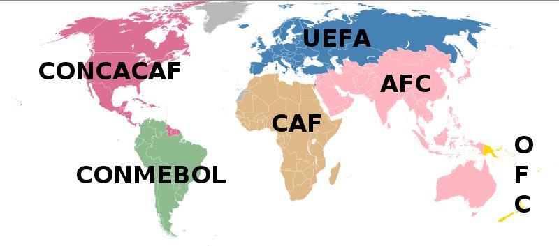 Evropa UEFA Južna Amerika CONMEBOL Severna in Srednja Amerika CONCACAF Afrika CAF Azija