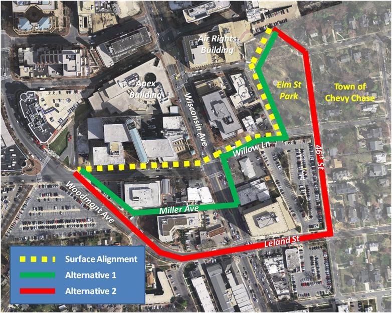 Comparison of the Master Planned Surface Alignment with Other Surface Alignments There have been several proposals to move the master planned surface alignment from the north side of Bethesda Ave to