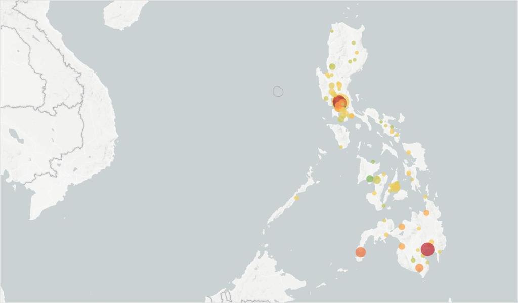 PHILIPPINES Mang Inasal Green and orange circles indicate high branch density in medium- and small-sized cities.