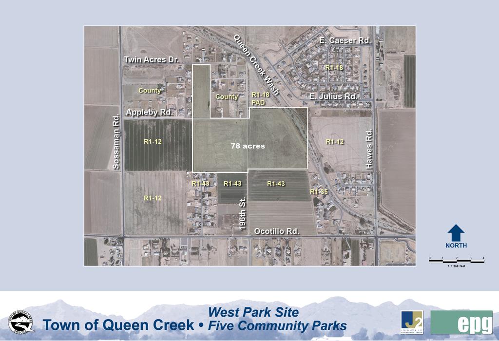 PARK SITE MASTER PLANS Queen Creek Road to the north, Ocotillo Road to the south, Sossaman Road to the west, and Hawes Road to the east.