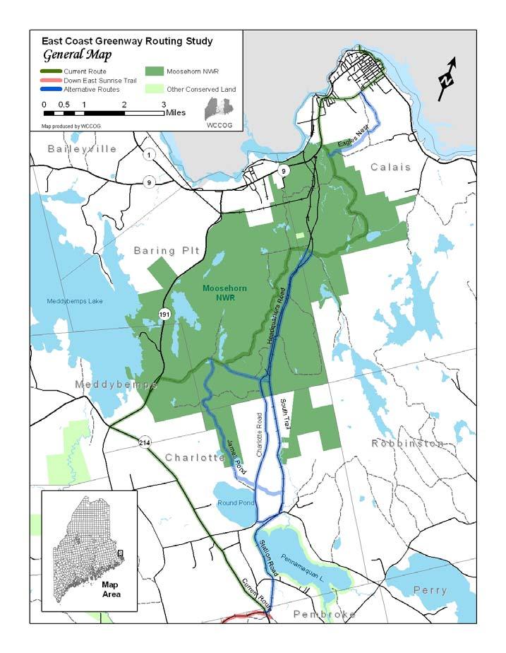 Third, off-road linkage of downtown Calais as the start of the East Coast Greenway to both the Moosehorn NWR and the 87-mile Down East Sunrise Trail would establish in the Calais area a recreational