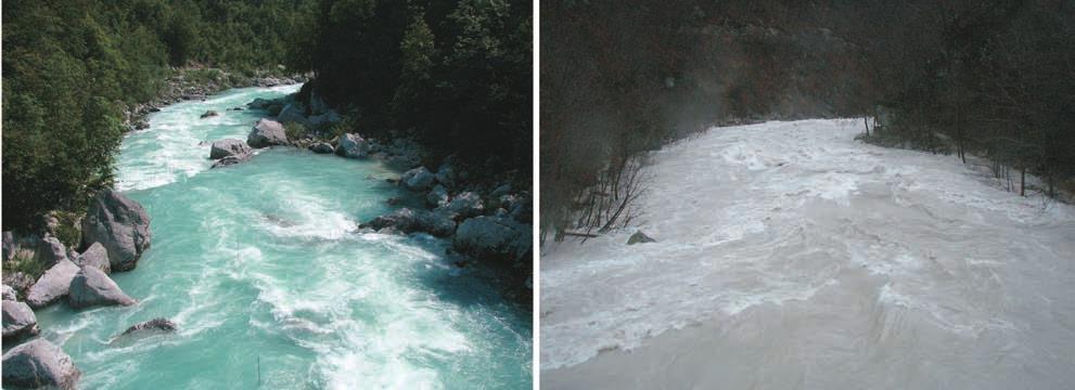Trobec) Slika 5: Soča pri Trnovem, levo ob običajni vodnatosti julija 2009, desno ob poplavi 25. decembra 2009 (foto: J. Polajnar, T.