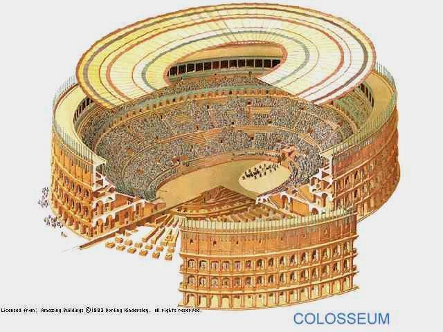 Roman innovations used in building the Colosseum are: -BARREL VAULTING -CONCRETE -ARCH - velarium: fabric canopy provided relief from sun marble seats (now vanished) for 50,000