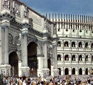 Triumphal procession going through the Arch of Constantine in Rome.