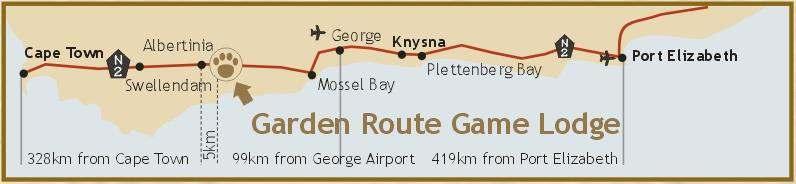 Once you get to a small town called Albertinia the entrance to the Garden Route Game Lodge will be 7km after this town.