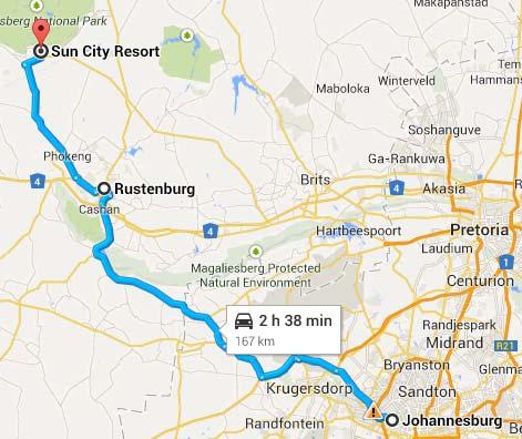 Johannesburg to Sun City Drive northwest from the centre of Johannesburg and continue through the neighbouring cities of Roodepoort and Krugersdorp.