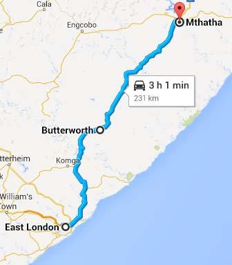 East London to Mthatha Starting off in East London, head north along the N2 highway leading out of the city.