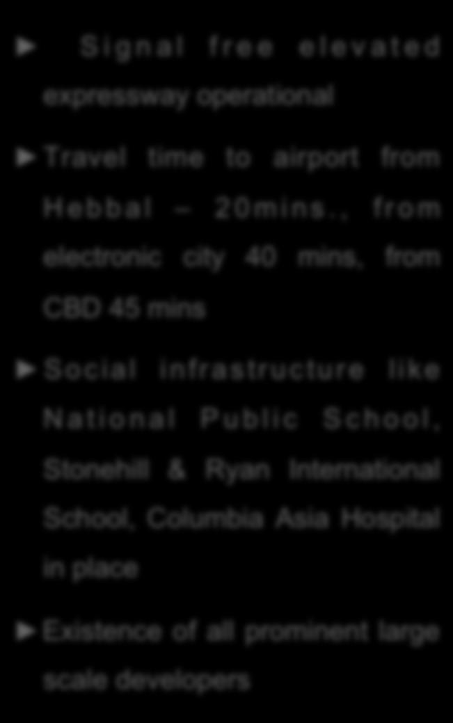 , f r o m electronic city 40 mins, from CBD 45 mins Social infrastructure like National