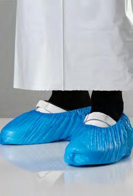 SHOE COVERS, STANDARD CPE plastic, 18 in 30 microns. 4.1 g/pc. SHOE COVERS, DOUBLE THICKNESS CPE plastic, 16 in 65 microns.