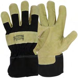 Cotton fleece (Palm lined) Yellow 0,8-1,0 mm 24-27 cm Packaging: Pair (12/120) 4222 Art: 102.9610 Standards: EN 420 WORK GLOVES Pig split leather with pasted cuff, palm lined CE Cat.
